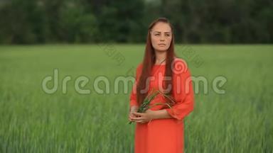 晚上，一个红发的年轻美女站在一片绿<strong>麦子</strong>的田<strong>野</strong>里，把麦穗放在她的地里